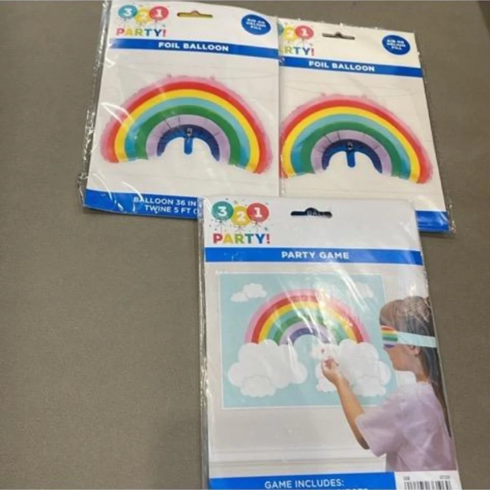 Rainbow 3-Piece Party pack 2 Foil 36in Balloons & Pin the cloud rainbow game NEW